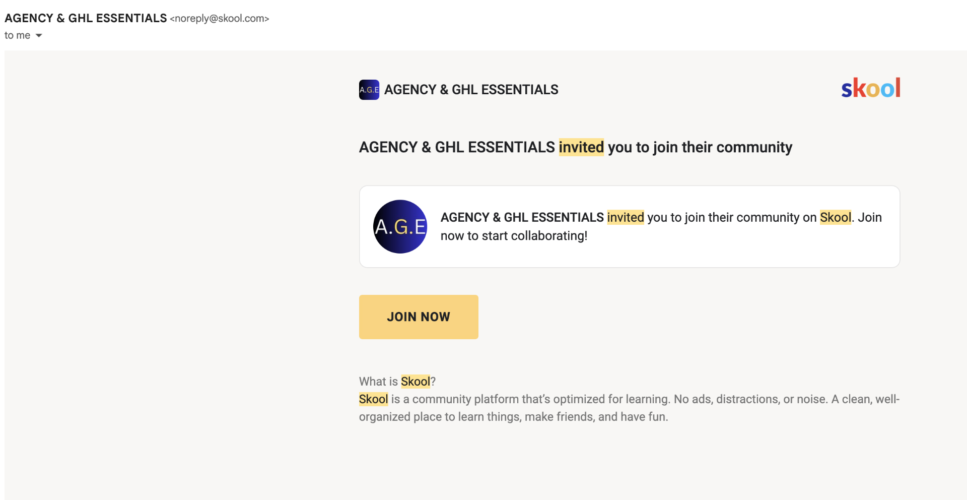 Skool community invitation email from AGENCY & GHL ESSENTIALS